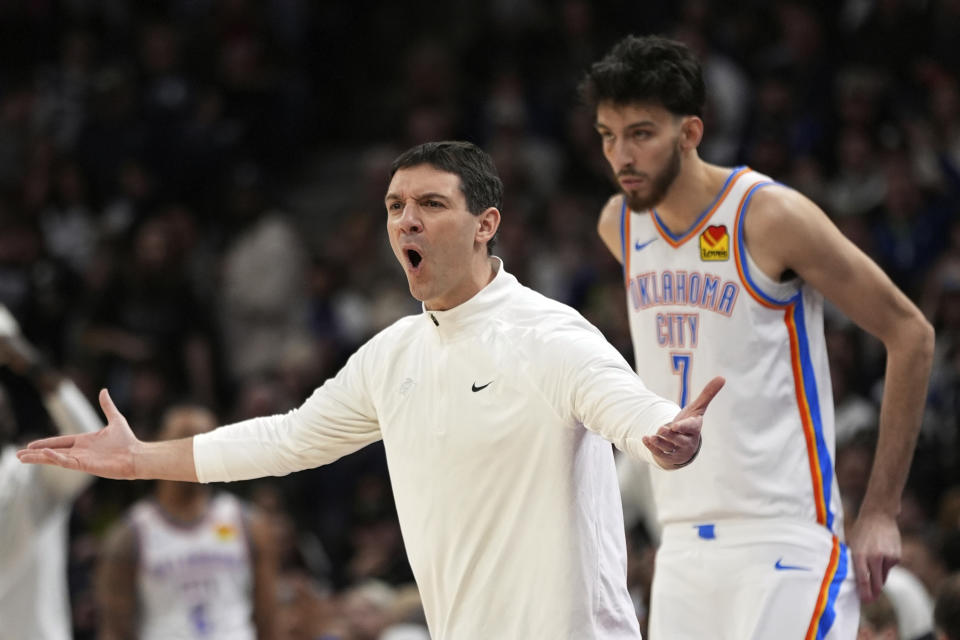 Oklahoma City Thunder head coach Mark Daigneault yells toward a referee during the first half of an NBA basketball game against the Minnesota Timberwolves, Saturday, Jan. 20, 2024, in Minneapolis. (AP Photo/Abbie Parr)