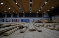New flooring is stacked up on the court at the San Antonio Spurs' soon-to-be-ready NBA basketball practice facility, Sunday, June 25, 2023, in San Antonio. The new facility will have at least 90,000 square feet of space for basketball operations in the new home, with more locker room space, bigger meeting rooms, a much larger team video area and more. (AP Photo/Eric Gay)