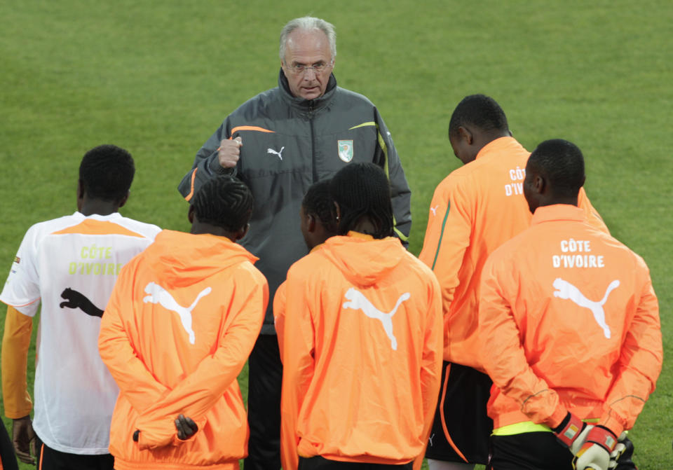 FILE - Then Ivory Coast head coach Sven-Goran Eriksson talks to his players during a training session in Sharpeville, South Africa, Friday, June 11, 2010. Swedish soccer coach Sven-Goran Eriksson says he has cancer and might have less than a year to live. The former England coach has told Swedish Radio he discovered he had cancer after collapsing suddenly. (AP Photo/Yves Logghe, File)