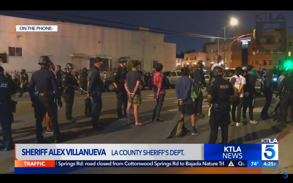 A screenshot of KTLA5's B-roll footage of Los Angeles area protesters being detained by police on Wednesday.