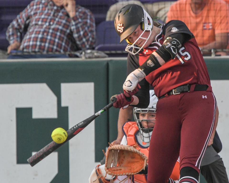 South Carolina senior Alana Vawter (15) bats against Clemson during the top of the third inning at McWhorter Stadium in Clemson Wednesday, March 20, 2024.