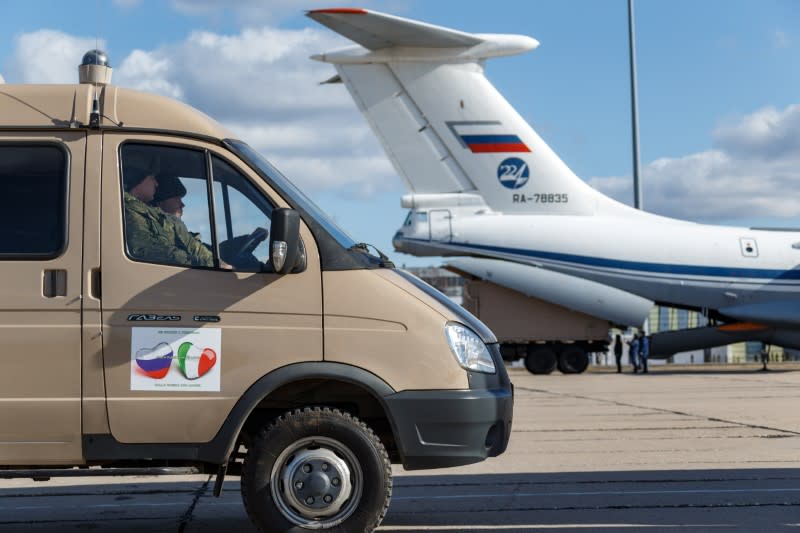 The Russian military send medical supply to Italy at an airdrome in Moscow region