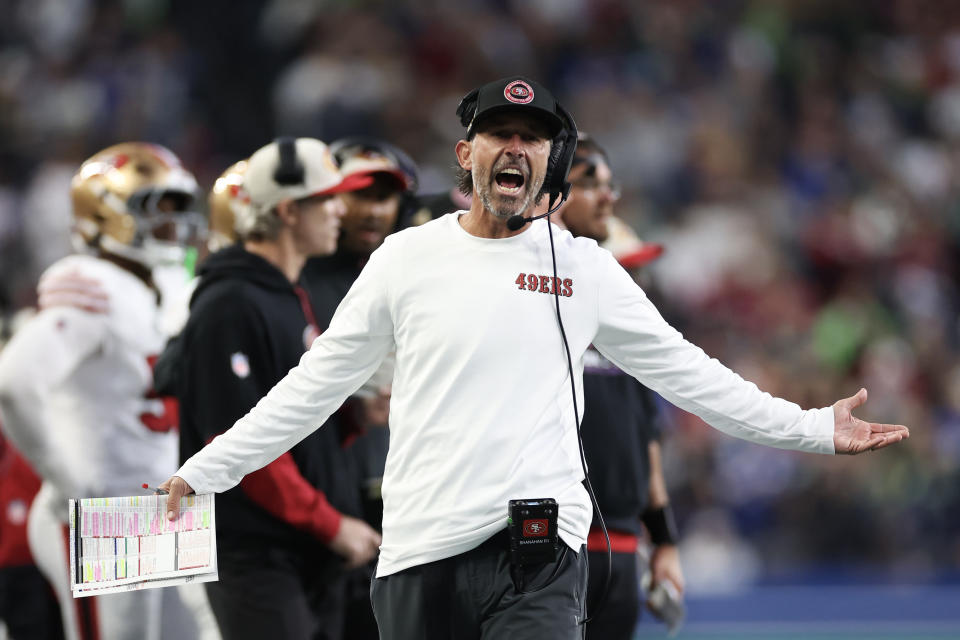 49ers coach Kyle Shanahan wasn't happy that Thursday night's challenge didn't work out for him. (Photo by Steph Chambers/Getty Images)