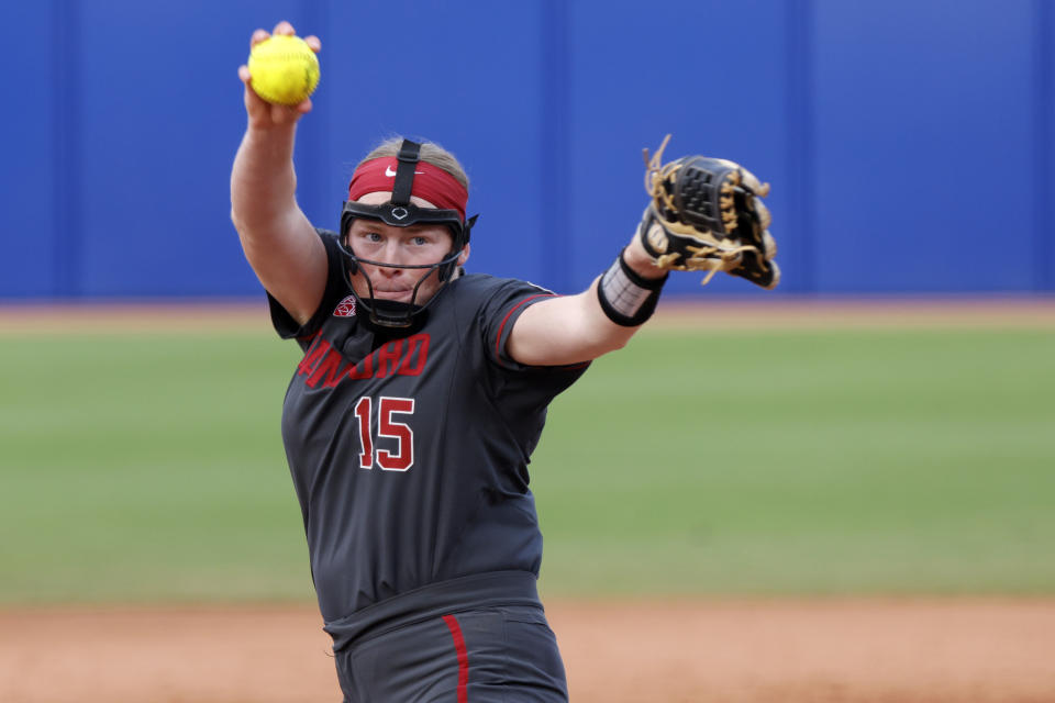 Stanford's Alana Vawter pitches against Alabama during the third inning of an NCAA softball Women's College World Series game Friday, June 2, 2023, in Oklahoma City. (AP Photo/Nate Billings)