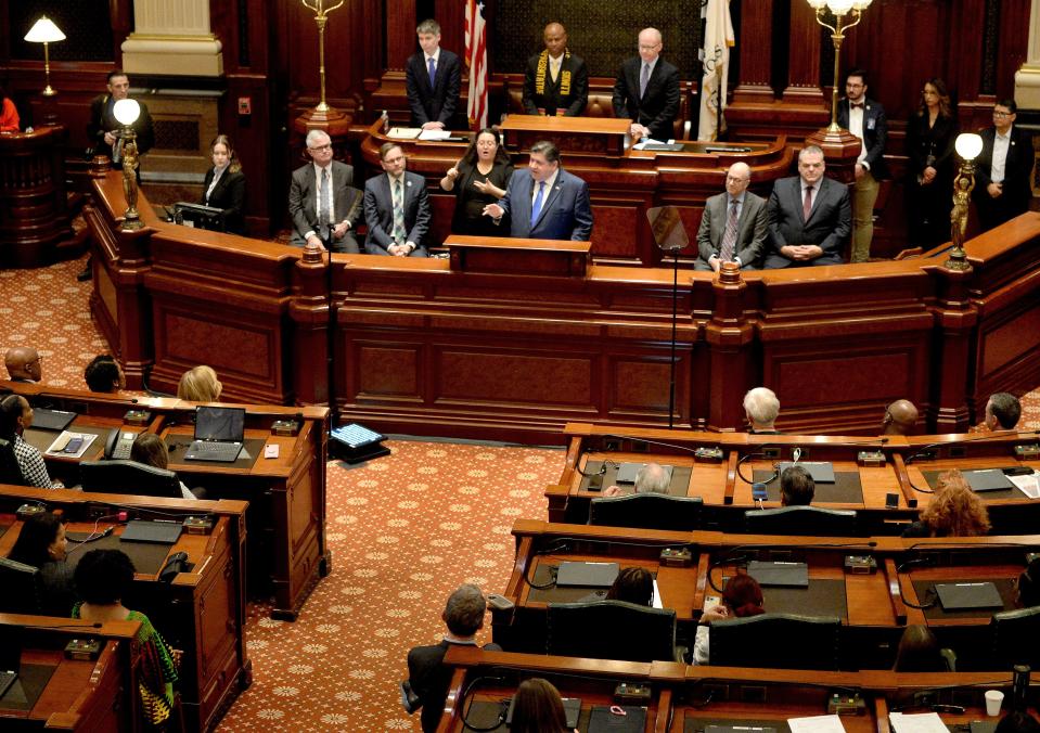 Illinois Gov. JB Pritzker gives the annual State of the State budget address before the General Assembly Wednesday, February 21, 2024.