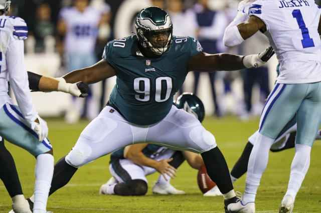 Philadelphia Eagles defensive tackle Jordan Davis (90) stands on the field  during the first half of a NFL preseason football game against the Miami  Dolphins, Saturday, Aug. 27, 2022, in Miami Gardens