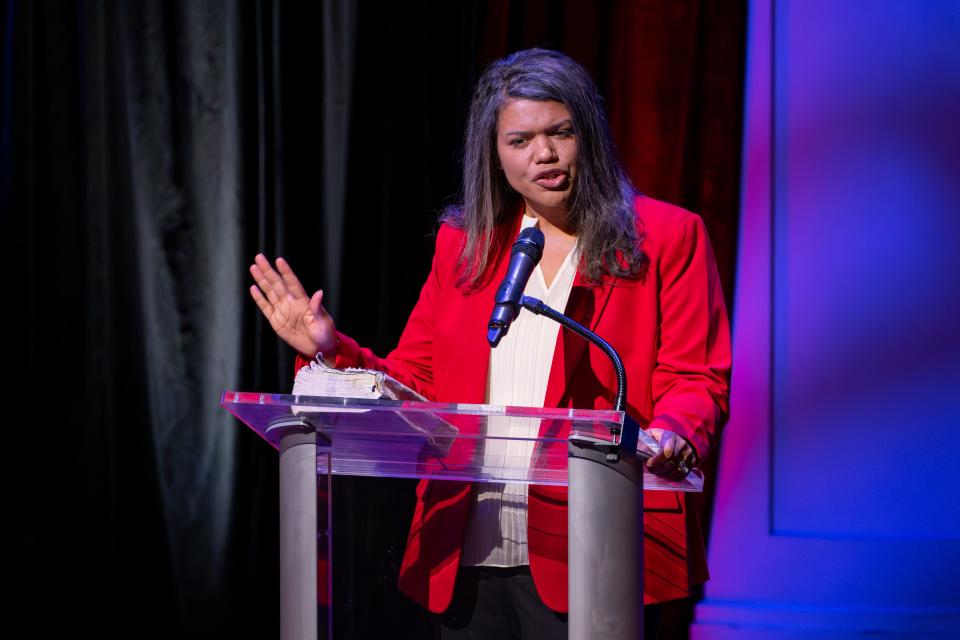 Jamie Reitenour gives her opening remarks as Republican gubernatorial candidates gather, Monday, March 11, 2024, at The Center for the Performing Arts in Carmel, Ind., to debate one another.