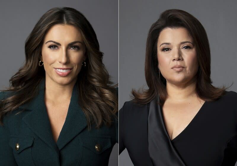 A collage of two women wearing dark blazers standing against a gray backdrop