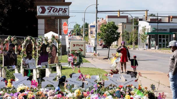 PHOTO: A memorial to the dead in the Tops grocery store mass shooting is shown during a March For Our Lives event on June 11, 2022 in Buffalo, New York. (Matt Burkhartt/Getty Images)