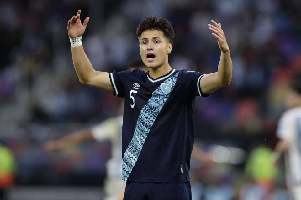 Guatemala's Arian Recinos gestures during a FIFA U-20 World Cup Group A soccer match against Argentina at the Madre De Ciudades stadium in Santiago del Estero, Argentina, Tuesday, May 23, 2023. (AP Photo/Nicolas Aguilera)