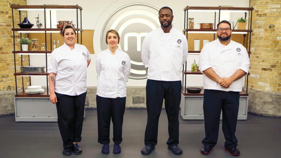 Ayesha, Cecily, Casrick, Simon in the MasterChef kitchen for MasterChef: The Professionals 2023