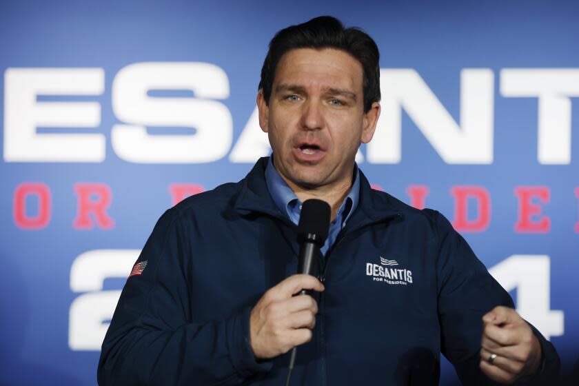 FILE - Republican presidential candidate Florida Gov. Ron DeSantis speaks during a campaign event, Jan. 17, 2024, in Hampton, N.H. DeSantis has suspended his Republican presidential campaign after a disappointing showing in Iowa's leadoff caucuses. He ended his White House bid Sunday, Jan. 21, after failing to meet lofty expectations that he would seriously challenge former President Donald Trump. (AP Photo/Michael Dwyer, File)