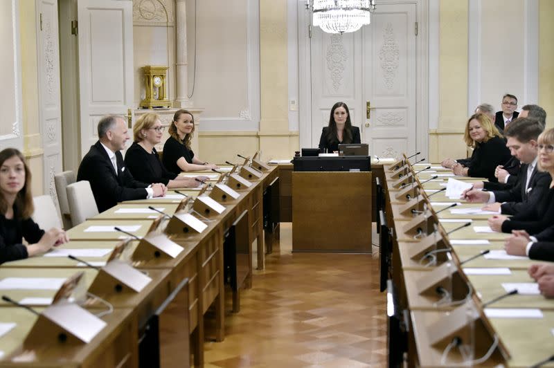 Finland's Prime Minister Sanna Marin chairs her first government meeting in Helsinki