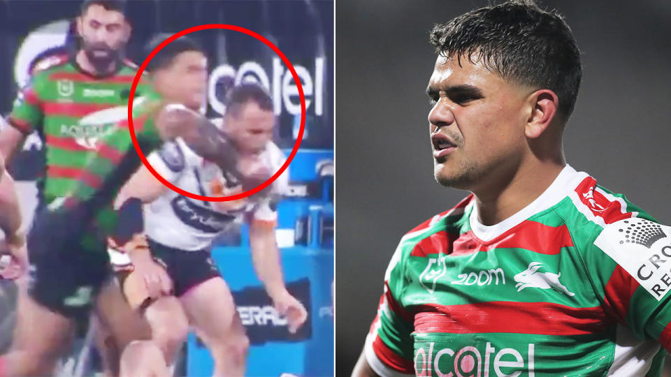 Pictured here, Souths fullback Latrell Mitchell catching Josh Reynolds with a forearm to the head.