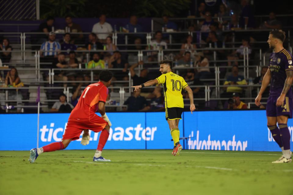 Crew forward Diego Rossi celebrates after scoring for a second time against Orlando City on Saturday.