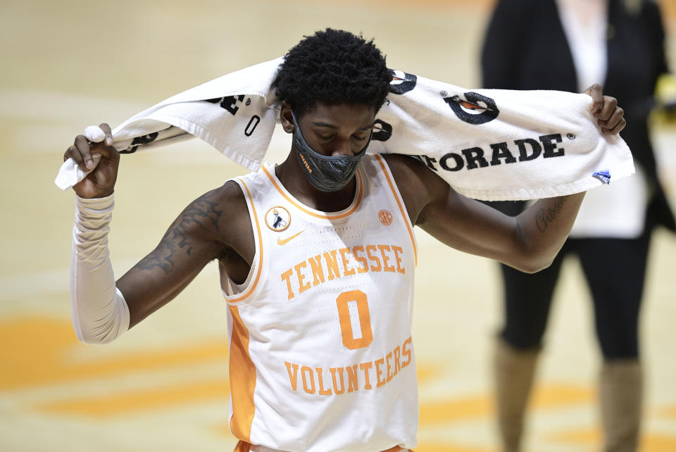 Tennessee guard Davonte Gaines (0) walks off the court after losing to Missouri in an NCAA college basketball game Saturday, Jan. 23, 2021, in Knoxville, Tenn. (Calvin Mattheis/Knoxville New-Sentinel via AP, Pool)