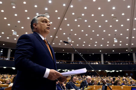 Hungary's Prime Minister Viktor Orban looks speaks during a plenary session at the European Parliament (EP) in Brussels, Belgium April 26, 2017. REUTERS/Eric Vidal