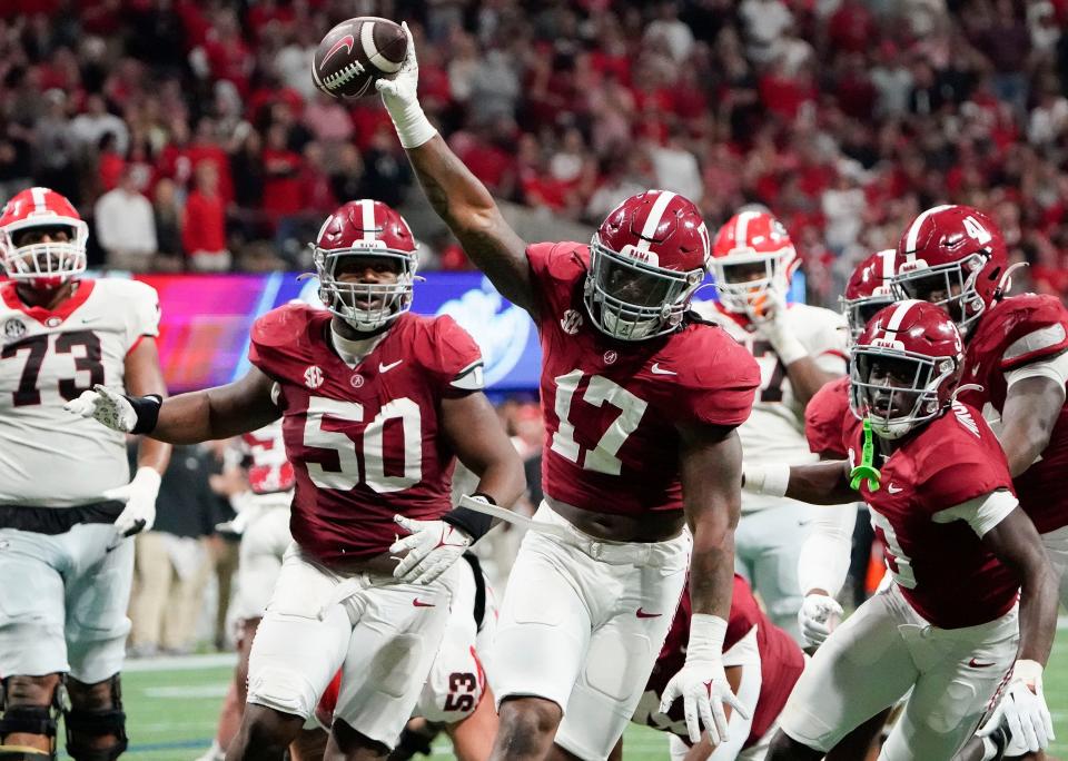 The University of Alabama and the University of Georgia will meet in a prime time game Sept. 28 at Bryant-Denny Stadium. The two schools last met Dec. 2, 2023, in the SEC Championship Game, with Alabama winning 27-24. Alabama linebacker Trezmen Marshall is shown recovering a fumble during the game at Mercedes-Benz Stadium in Atlanta.