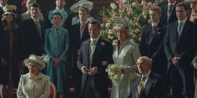<p>Justin Downing/Netfli</p> Charles and Camilla's religious wedding blessing recreated in The Crown, season 6.