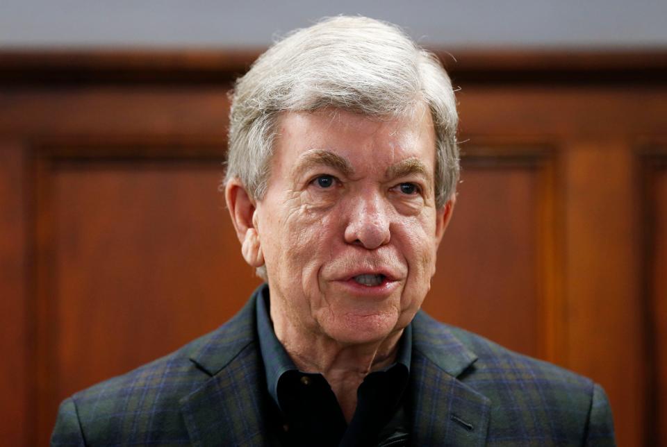 U.S. Senator Roy Blunt speaks at the Greene County Clerk's office during a press conference on Thursday, Jan. 27, 2022. 