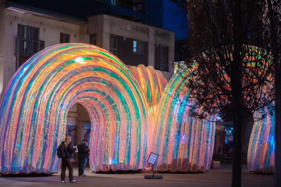 Giant, 20-foot inflatable arcs are coming to downtown Milwaukee's Marcus Performing Arts Center outdoor grounds in July.