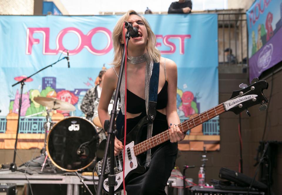 Julia Cumming of Sunflower Bean performs at the FLOODFest party at Cedar Street Courtyard during South by Southwest on March 14, 2018.