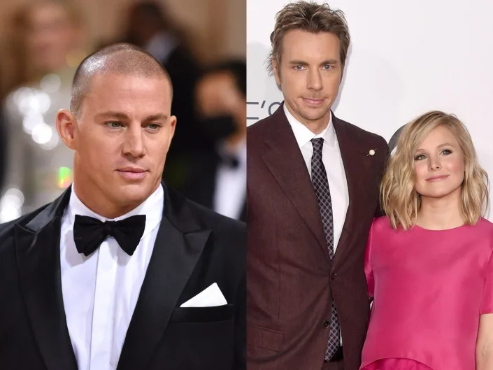 left: channing tatum in a suit and bow tie at the 2021 met gala; right: dax shepard in a maroon suit and kristen bell in a pink dress