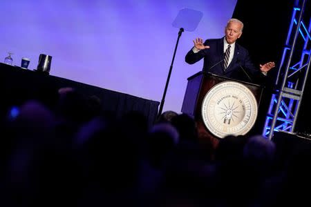 Former Vice President Joe Biden, who is mulling a 2020 presidential candidacy, speaks at the International Brotherhood of Electrical Workers’ (IBEW) construction and maintenance conference in Washington, U.S., April 5, 2019. REUTERS/Joshua Roberts