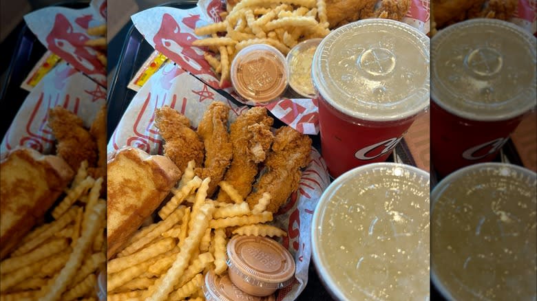 chicken, fries, and drink