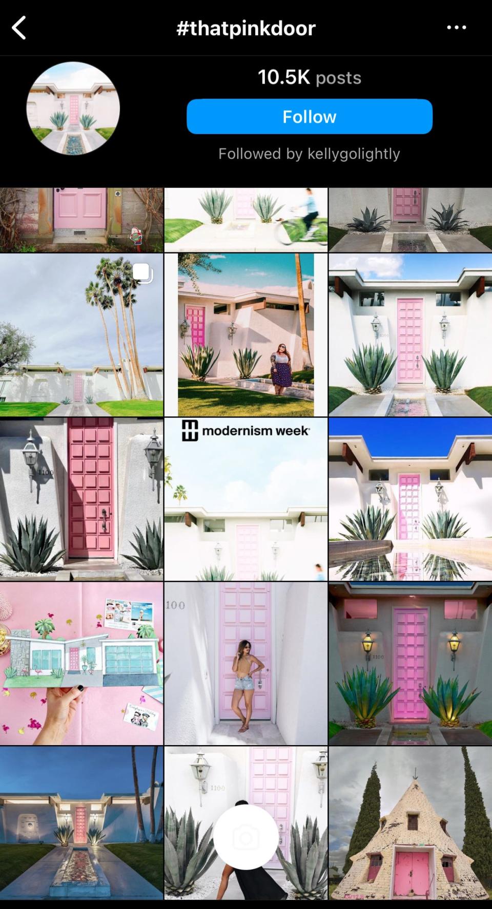 A screenshot of Instagram's search page shows the dozens of posts that appear when you search #thatpinkdoor.