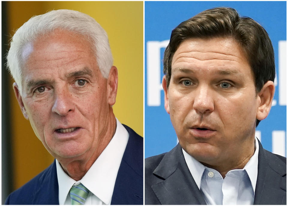 This combination of photos shows Florida Democratic gubernatorial candidate Charlie Crist on Sept. 12, 2022, in Miami, left, and Florida Gov. Ron DeSantis on Sept. 26, 2022, in Largo, Fla., right. DeSantis and Crist head to the debate stage Monday night for what may be Crist’s best, and perhaps last, opportunity to change the trajectory of the Florida governor’s race. (AP Photo/Chris O'Meara, File)