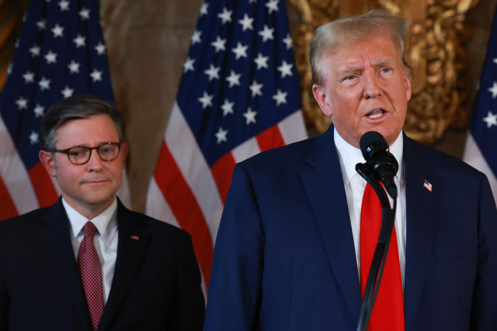 Former President Donald Trump and Speaker of the House Mike Johnson hold a press conference at Trump's Mar-a-Lago estate on April 12, 2024, in Palm Beach, Florida. (Photo by Joe Raedle/Getty Images)