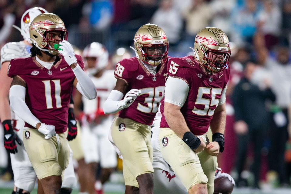 The Florida State Seminoles lead the Louisville Cardinals 3-0 at the half time of the ACC Championship game on Saturday, Dec. 2, 2023.