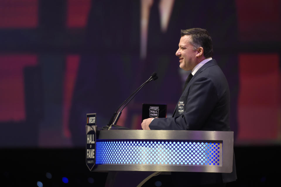 Tony Stewart talks about his career as a driver and team owner during the NASCAR Hall of Fame induction ceremony in Charlotte, N.C., Friday, Jan. 31, 2020. (AP Photo/Mike McCarn)