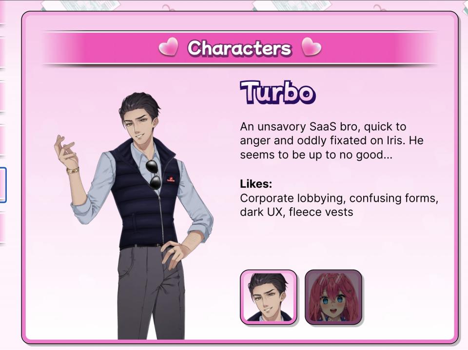 A screenshot from MSCHF's "Tax Heaven 3000" website, showing a character description for "Turbo."