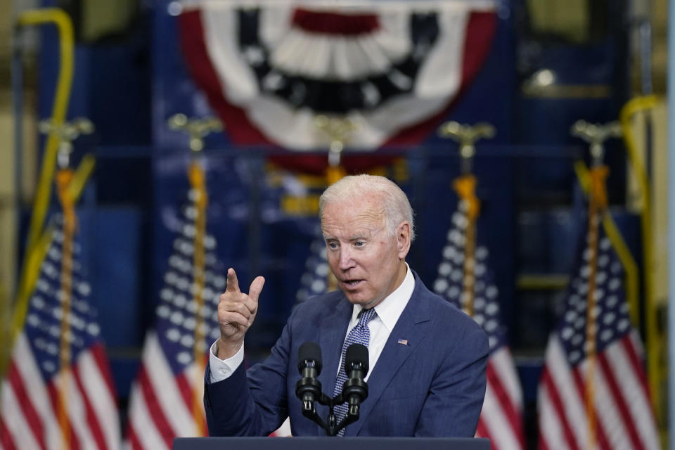 President Joe Biden delivers remarks at NJ Transit Meadowlands Maintenance Complex to promote his "Build Back Better" agenda, Monday, Oct. 25, 2021, in Kearny, N.J. (AP Photo/Evan Vucci)