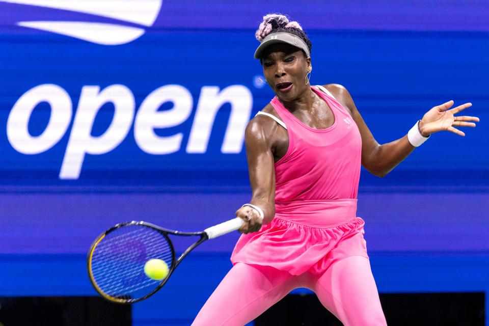 USA's Venus Williams plays a forehand return against Belgium's Greet Minnen during the US Open tennis tournament women's singles first round match at the USTA Billie Jean King National Tennis Center in New York City, on August 29, 2023. (Photo by COREY SIPKIN / AFP) (Photo by COREY SIPKIN/AFP via Getty Images)
