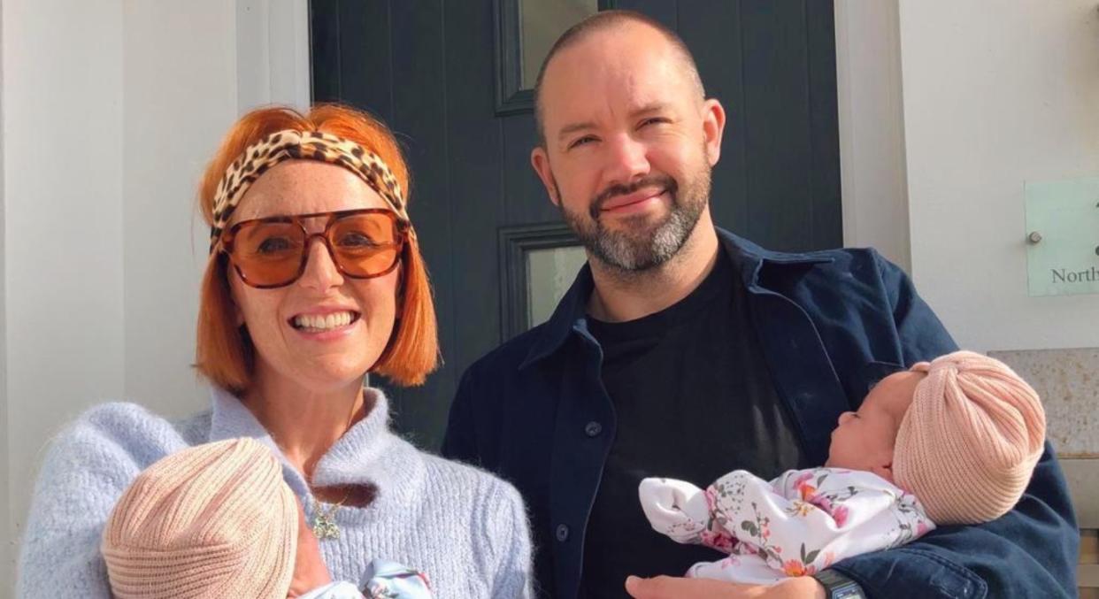 Helen Lyford-Smith and her husband Richard Smith with their twin daughters. Helen enjoys bargain hunting at second hand shops, car boot sales and resale platforms and has saved thousands of pounds buying her children's things second hand. (SWNS)