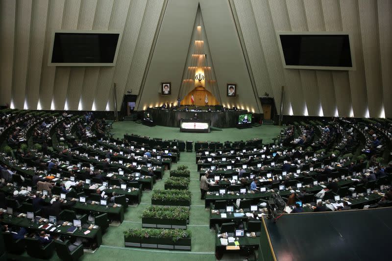 Iranian President Hassan Rouhani speaks during a session of parliament in Tehran