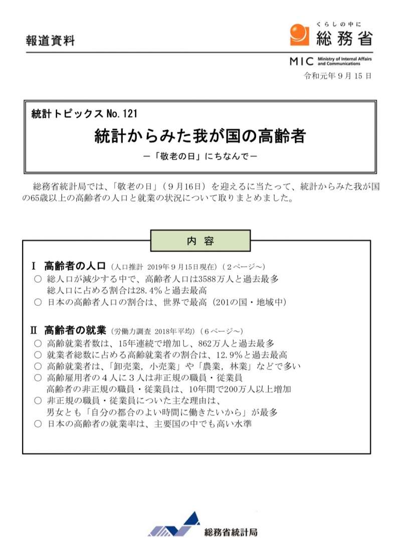 日本總務省在9月16「敬老日」的前一天發表人口老化統計報告。