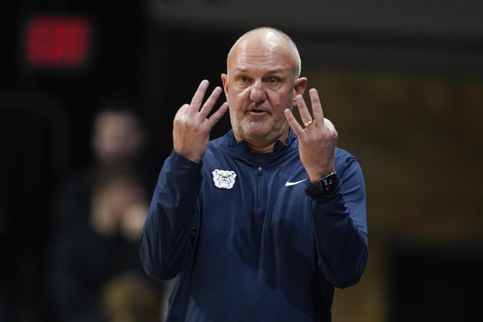 Butler head coach Thad Matta calls a play during the first half of an NCAA college basketball game against UConn, Friday, Jan. 5, 2024, in Indianapolis. (AP Photo/Darron Cummings)