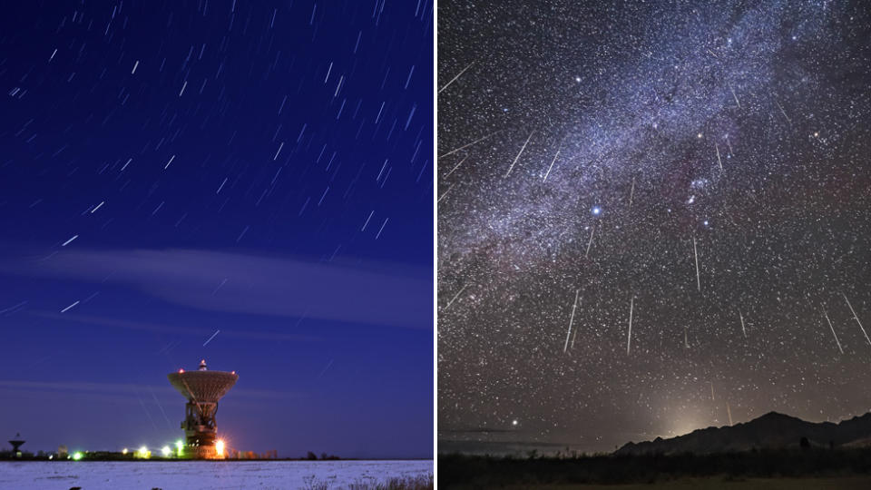 The Geminid meteor shower as seen over the Titov Main Space Test Centre in Russia (left) and a composite of the meteor shower in 2017 (right). Source: Getty Images