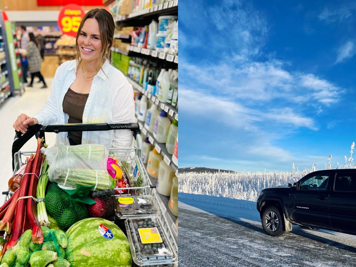 the writer posing with a full grocery cart next to a car driving on a snowy road with clear blue skies