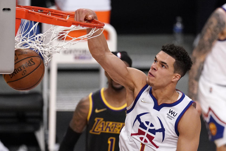 Denver Nuggets forward Michael Porter Jr. dunks during the second half of an NBA basketball game against the Los Angeles Lakers Monday, May 3, 2021, in Los Angeles. (AP Photo/Mark J. Terrill)