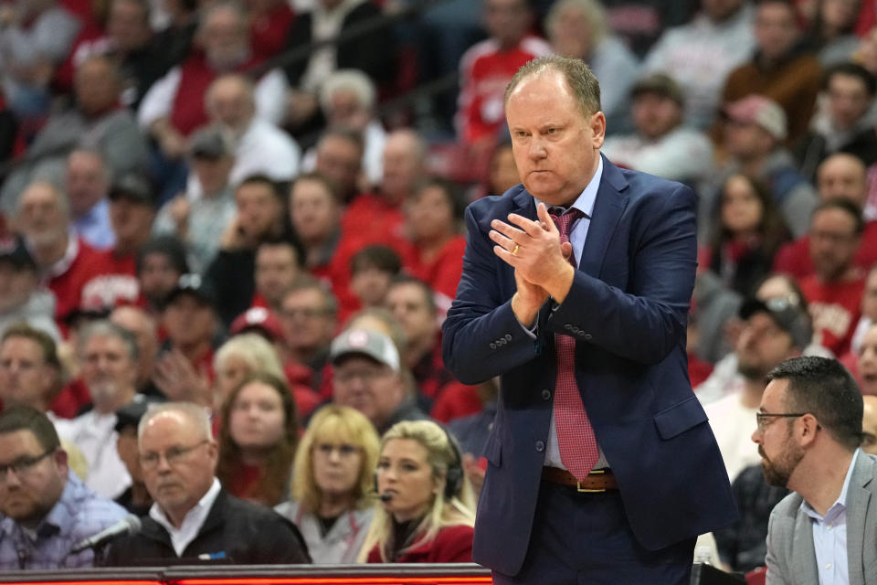 Feb 13, 2024; Madison, Wisconsin, USA; Wisconsin Badgers head coach Greg Gard looks on during the first half against the Ohio State Buckeyes at the Kohl Center. Mandatory Credit: Kayla Wolf-USA TODAY Sports