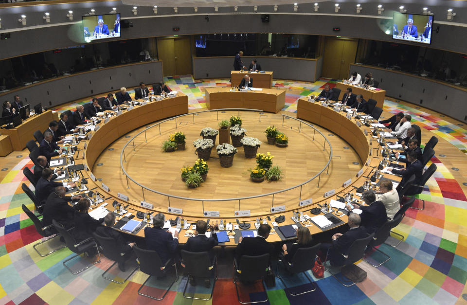 European Union leaders during a round table meeting at an EU summit in Brussels, Thursday, June 20, 2019. European Union leaders meet for a two-day summit to begin the process of finalizing candidates for the bloc's top jobs. (Johanna Geron, Pool Photo via AP)