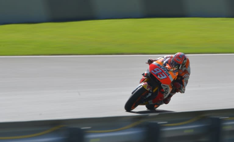 Moto GP rider Marc Marquez of Spain rides his Repsol Honda during the third free practice session ahead of the Grand Prix in Spielberg, Austria on August 13, 2016