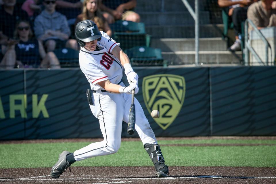 Thurston’s Maddox Molony makes contact as the Thurston Colts defeated West Albany 2-1 in the OSAA Class 5A state championship at PK Park in Eugene Saturday, June 3, 2023. 