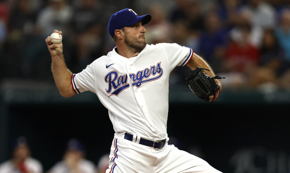 ARLINGTON, TX - AUGUST 3: Max Scherzer #31 of the Texas Rangers pitches against the Chicago White Sox during the first inning at Globe Life Field on August 3, 2023 in Arlington, Texas. (Photo by Ron Jenkins/Getty Images)