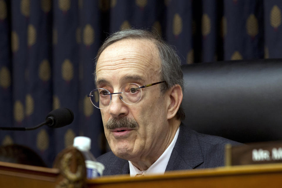 FILE - In this Wednesday, Feb. 13, 2019 file photo, House Foreign Affairs Committee Chairman Rep. Eliot Engel D-N.Y., speaks during the House Foreign Affairs subcommittee hearing on Venezuela at Capitol Hill in Washington. Engel, is working with California Rep. Adam Schiff, the top Democrat on the House Intelligence Committee, and his committee to review President Donald Trump's encounters with and connections to Russian President Vladimir Putin, including a private meeting between the two in Helsinki last year. Trump would not disclose the full details of what was said in their meeting. (AP Photo/Jose Luis Magana, File)